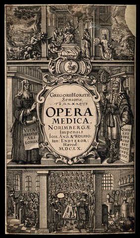 Allegorical and historical scenes of medicine: including a dissection and a distillation laboratory, and Hygieia receiving the organic and mineral bounty of the earth employed in remedies. Engraving by J.F. Fleischberger, 1660.