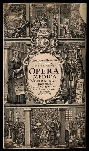 view Allegorical and historical scenes of medicine: including a dissection and a distillation laboratory, and Hygieia receiving the organic and mineral bounty of the earth employed in remedies. Engraving by J.F. Fleischberger, 1660.