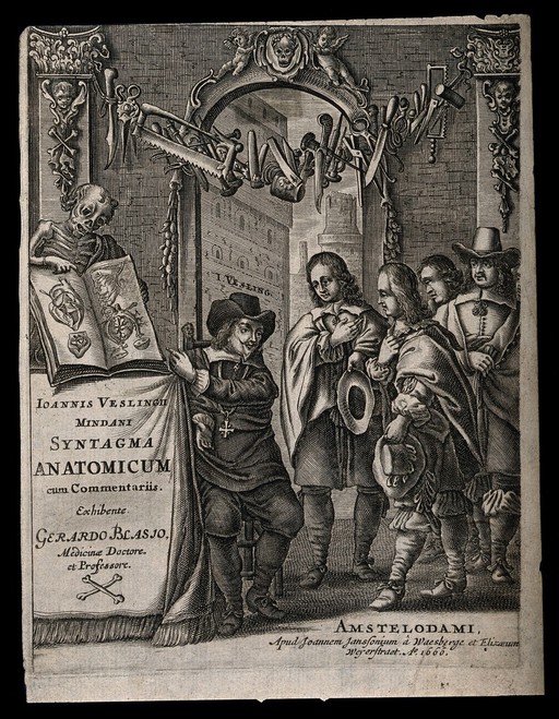Johannes Vesling, seated below a swag of surgical instruments, indicates illustrations of the heart in a book displayed by a skeletal corpse. Engraving 1666.