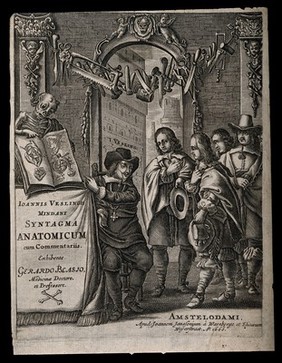 Johannes Vesling, seated below a swag of surgical instruments, indicates illustrations of the heart in a book displayed by a skeletal corpse. Engraving 1666.