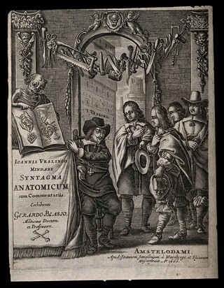 Johannes Vesling, seated below a swag of surgical instruments, indicates illustrations of the heart in a book displayed by a skeletal corpse. Engraving 1666.