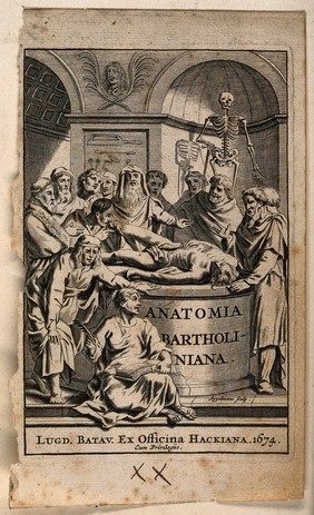 Ancient anatomists in discussion around a cadaver. Engraving by G. Appelmans, 1674.