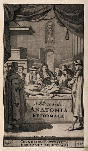 The Dutch anatomist Steven Blankaart (1650-1704) performing a dissection in an anatomy theatre, with seven observers. Engraving, 1687.