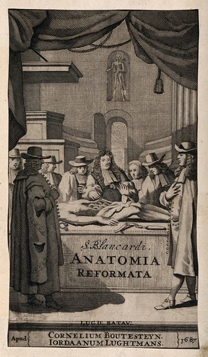 view The Dutch anatomist Steven Blankaart (1650-1704) performing a dissection in an anatomy theatre, with seven observers. Engraving, 1687.