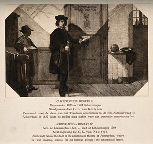 view Rembrandt at the door of the Amsterdam anatomy theatre. Process print, 1927, of an engraving by C. L. van Kesteren after C. Bisschop.