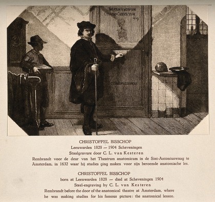 Rembrandt at the door of the Amsterdam anatomy theatre. Process print, 1927, of an engraving by C. L. van Kesteren after C. Bisschop.