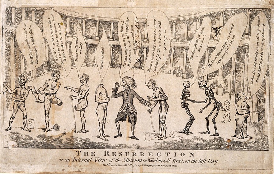 William Hunter (1718-1783) in his museum in Windmill Street on the day of resurrection, surrounded by skeletons and bodies, some of whom are searching for their missing parts. Engraving, 1782.
