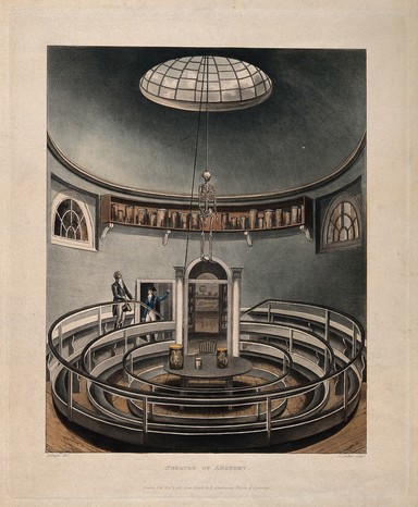 A sky-lit anatomy theatre with anatomical specimens in jars and a suspended skeleton. Colour acquatint by J. C. Stadler after A. Pugin, 1815.