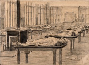 view Interior of a dissecting room with cadavers laid out on tables. Drawing by Paul Renouard, 1906.