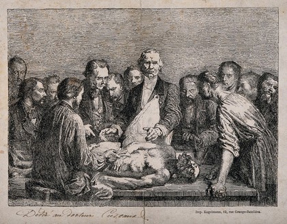 The Parisian surgeon and anatomist A. Velpeau (1795-1867) performing an anatomical dissection. Etching, after F.N.A. Feyen-Perrin, 1864.