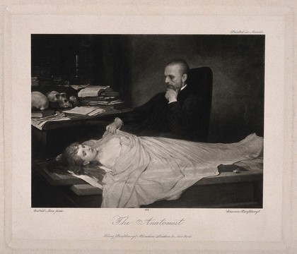 An anatomist meditates on the corpse of a beautiful young woman, laid out on a table next to his desk. Lithograph by F. Hanfstaengl after G. C. von Max, 1869.