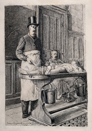 view An anatomist, "Mr Le Professeur C...", dissecting a cadaver laid out on a trestle table, while a seated man looks on. Etching by Jean-Jacques Rousseau, 1869.