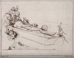 view Two anatomists dissecting a corpse, surrounded by birds, a cat, a dog and mice. Etching by S. Ireland after J. H. Mortimer, 17--.