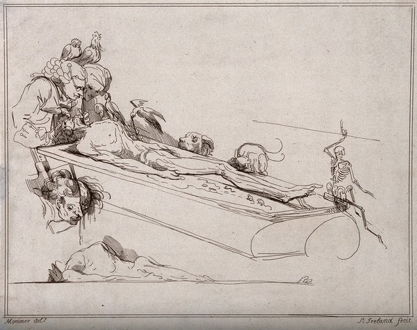 Two anatomists dissecting a corpse, surrounded by birds, a cat, a dog and mice. Etching by S. Ireland after J. H. Mortimer, 17--.