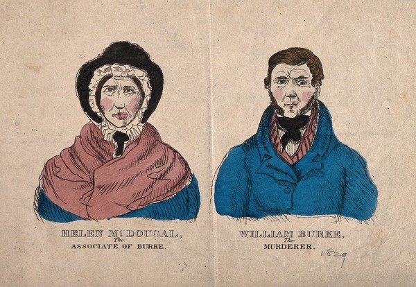 Portraits of William Burke (1792-1829) and Helen McDougal (b. c. 1795), on trial in Edinburgh in 1828 for the West Port murders. Coloured etching, c. 1829.