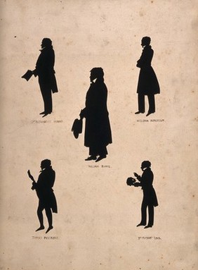 William Burke (centre), Dr Alexander Monro III (top left), William Robertson (top right), Thomas Beveridge (lower left), Dr Robert Knox (lower right) Silhouettes, c. 1830.