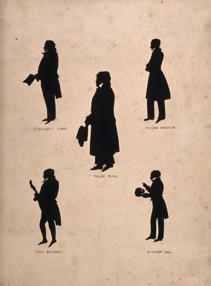 view William Burke (centre), Dr Alexander Monro III (top left), William Robertson (top right), Thomas Beveridge (lower left), Dr Robert Knox (lower right) Silhouettes, c. 1830.