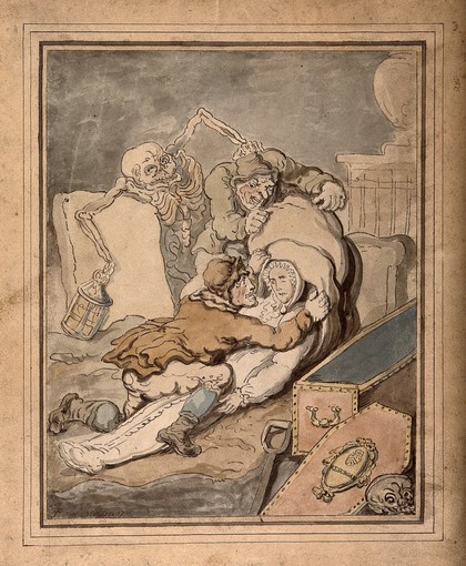 Two men placing the shrouded corpse which they have just disinterred into a sack while Death, as a nightwatchman holding a lantern, grabs one of the grave-robbers from behind. Coloured drawing by T. Rowlandson, 1775.