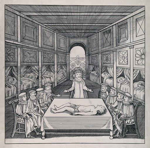A corpse laid out on a table for observation in a hospital. Drawing by J. Beatrice Thompson, c. 1913, after an engraved title page, 1677.