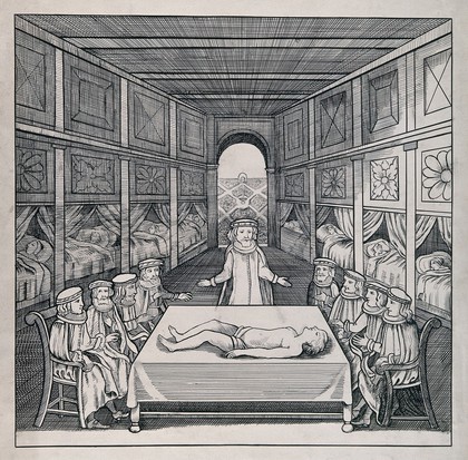 A corpse laid out on a table for observation in a hospital. Drawing by L. Beatrice Thompson, c. 1913, after an engraved title page, 1677.