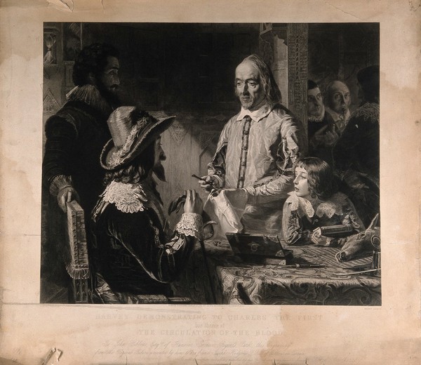 William Harvey demonstrating the palpitations of the foetal heart of a deer to Charles I. Engraving by H. Lemon, 1851, after an oil painting by R. Hannah, 1848.