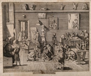 view A Roman academy of artists. Etching after Pier-Francesco Alberti, 16--.