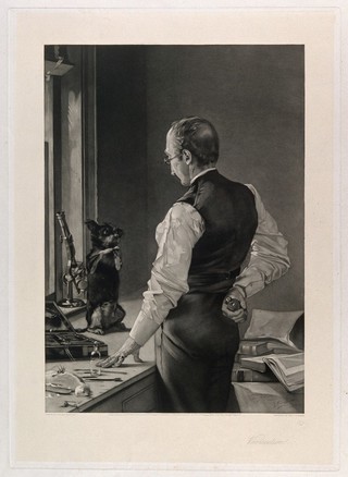 A dog on a laboratory bench sits up and begs the prospective vivisector for mercy. Engraving by C.J. Tomkins, 1883, after a painting by J. McClure Hamilton.