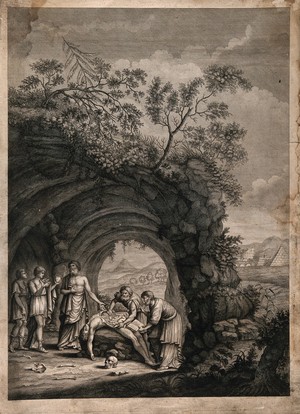 view An anatomical dissection in the ancient world, in a landscape setting. Engraving, 1801.