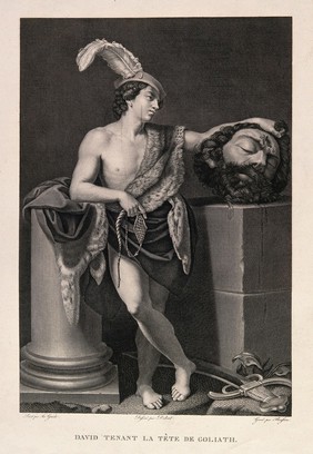 David with the head of Goliath. Line engraving by F. Beisson after J.B. Debret after G. Reni.