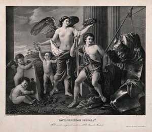 view David with the head of Goliath, accompanied by an angel and cherubs. Lithograph by G. Sensi after N. Poussin.