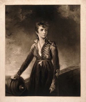 view Manuela Sancho, a heroine in the defence of Saragossa in 1809, aged 24. Mezzotint by H. Meyer, 1811, after L. Hoppner.