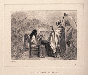 view An allegory of cholera mortality. Etching by A. Burdet after A. Raffet.