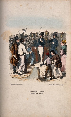 view Parisian police during the cholera outbreak of 1855. Reproduction of a coloured wood engraving after E. Lorsa.