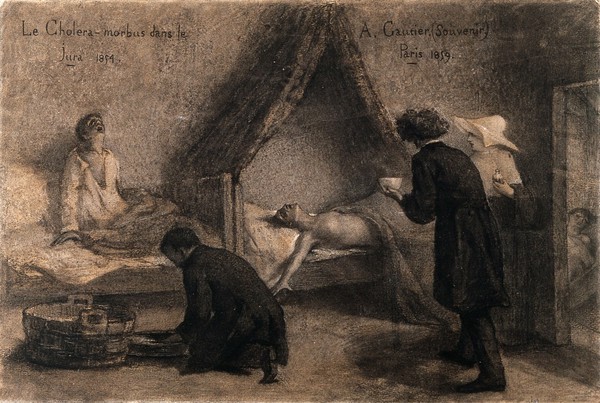 Patients suffering from cholera in the Jura during the 1854 epidemic, with Dr Gachet attending them. Pencil drawing by A. Gautier, 1859.