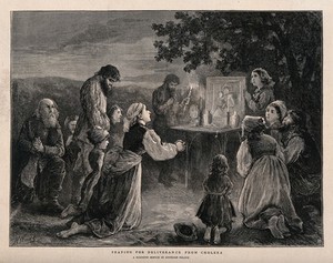 view Men, women, and children praying at a shrine by the roadside during the 1873 cholera epidemic in Poland. Wood engraving by H. Woods, 1873.