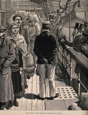 Passengers on a ship undergoing quarantine examination during the Egyptian cholera epidemic of 1883. Wood engraving, 1883.