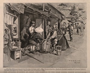 view Disposal of the dead, under police supervision during a cholera epidemic in Japan. Reproduction of drawing by Meisenbach after C. Fripp.