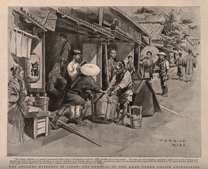 Disposal of the dead, under police supervision during a cholera epidemic in Japan. Reproduction of drawing by Meisenbach after C. Fripp.