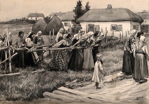 view A religious cholera procession in rural Russia. Pen drawing by I.A. Wladimiroff.