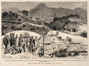 view Three vignettes: a group of people with leprosy, two missionaries and a leper asylum. Reproduction of a wood engraving by R.B.