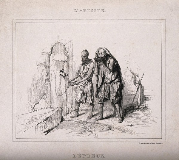 Two people with leprosy receiving food through a wall. Etching by Gaitt after A. Decamps.