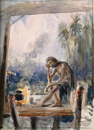 A man with leprosy in Prapatoom (?). Watercolour by Edith M Hinchley, 1905.
