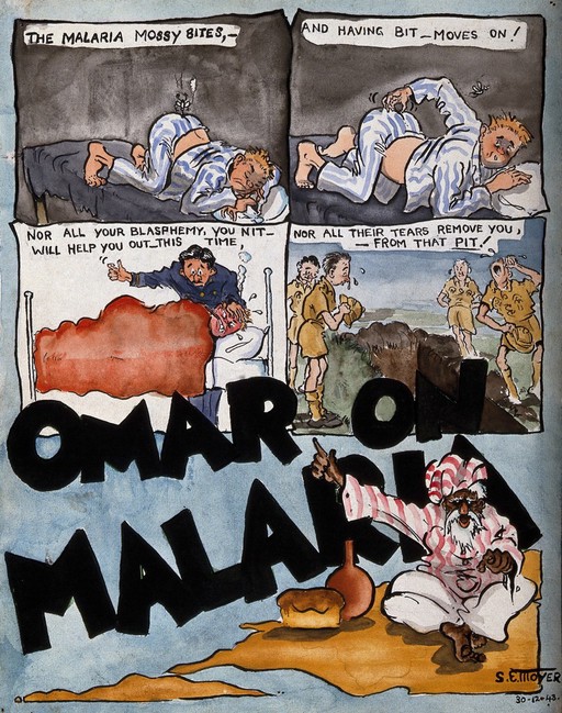 Satirical sketches about malaria. Coloured pen drawing by S.E. Moyer, 1943.