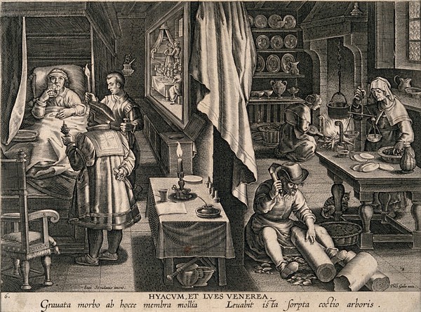 The preparation of the medicine guaiacum from a tree (right), and a man in bed suffering from syphilis, drinking a decoction of the medicine (left). Line engraving by P. Galle after J. van der Straet.
