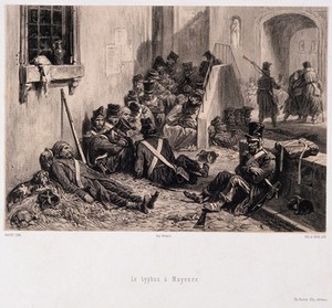 view Soldiers at Mainz suffering from typhus, lying in the streets. Lithograph by E. Leroux after A. Raffet.