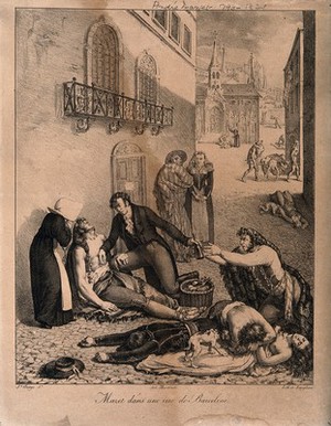 view André Mazet tending people suffering from yellow fever in the streets of Barcelona. Lithograph by Langlumé after J. Arago.