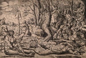 view The Israelites afflicted by a plague of serpents; two men worshipping the brazen serpent erected by Moses. Engraving by M. Coxcie, 15--.