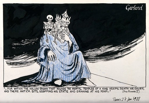 Allegory of civilisation and AIDS in the character of Richard II. Ink drawing by N. Garland, 1988.