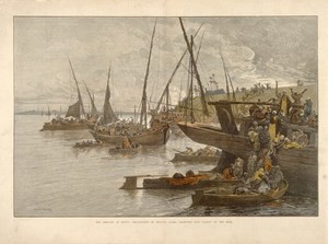 view Egyptian people boarding boats on the Nile during a cholera epidemic. Coloured wood engraving by W.J.Palmer after C. Loye.