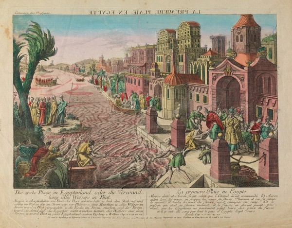 The first plague in Egypt, rivers turned to blood. Coloured etching.